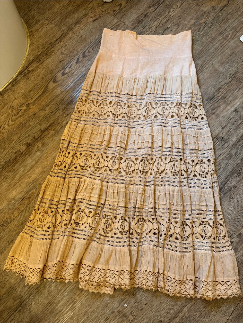 Boho Crochet Tiered Maxi Skirt in Light Beige